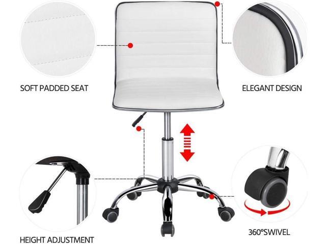 Yaheetech Adjustable Task Chair PU Leather Low Back Ribbed Armless Swivel White Desk Chair Office Chair Wheels