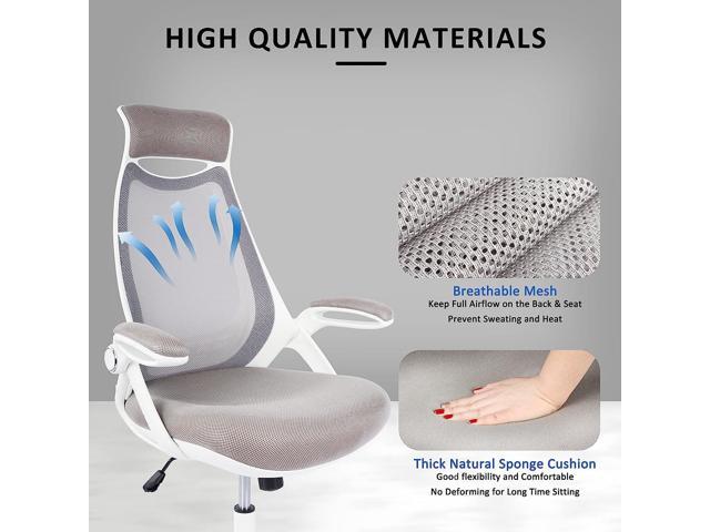 HYLONE Ergonomic Office Desk Chair, High-Back Mesh Computer Chair with Flip Up Arms, Headrest and Lumbar Support, Height Adjustable, White