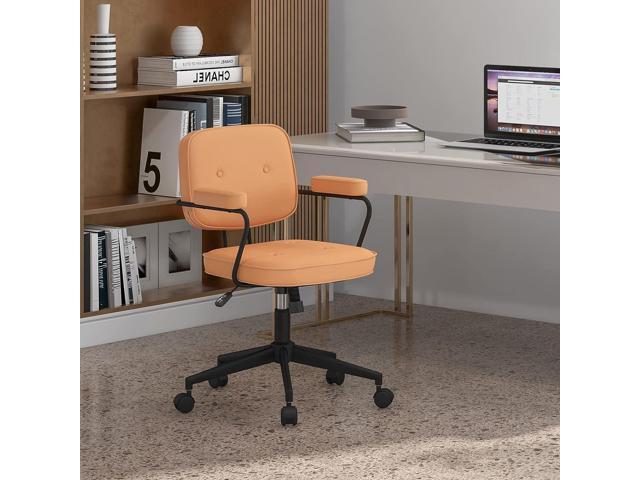 Giantex Mid Century Leather Office Chair Orange, Height Adjustable Desk Chair with Rocking Backrest & Padded Armrest, Upholstered Swivel Leisure...