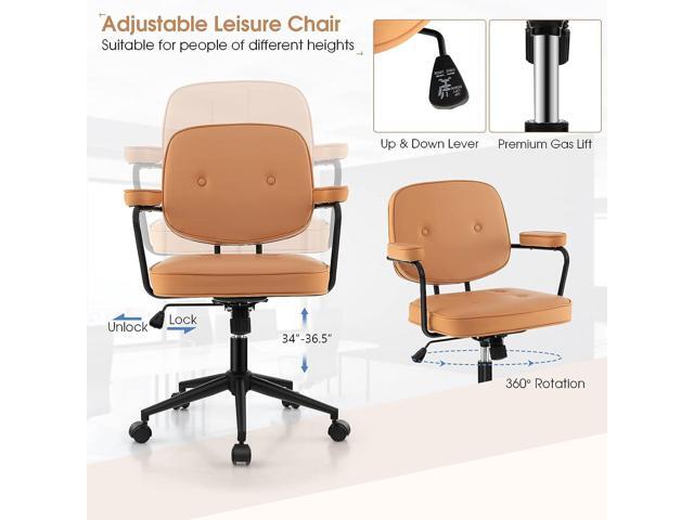 Giantex Mid Century Leather Office Chair Orange, Height Adjustable Desk Chair with Rocking Backrest & Padded Armrest, Upholstered Swivel Leisure...