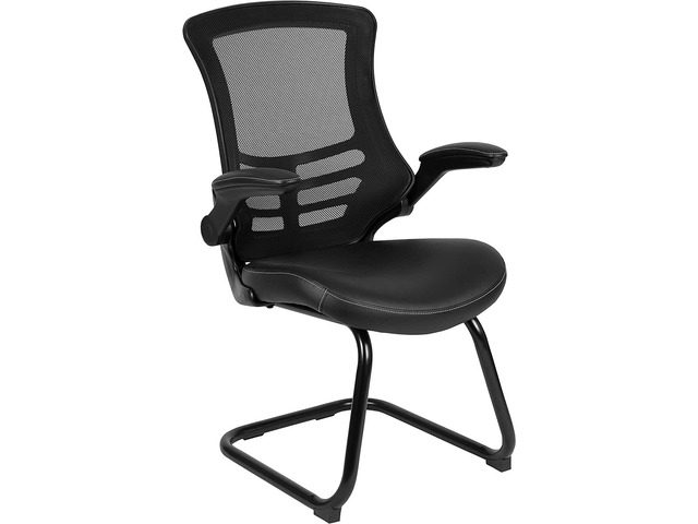 Flash Furniture Kelista Black Mesh Sled Base Side Reception Chair with White Stitched LeatherSoft Seat and Flip-Up Arms