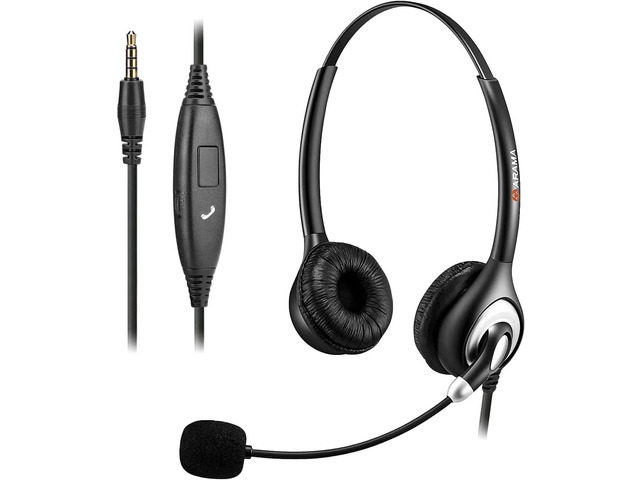 Arama Cell Phone Headset w/Lightweight Secure-Fit Headband, Pro Noise Canceling Mic and in-line Controls 3.5mm Headset for iPhone, Samsung, LG,...