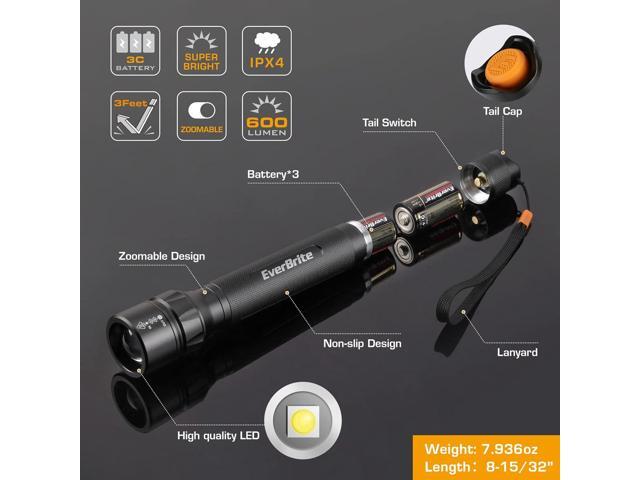 EverBrite Ultra Bright Tactical Flashlight, 600 Lumen Zoomable Adjustable Focus, 4 Light Modes, Heavy-Duty Aluminum Flashlight for Hurricane...