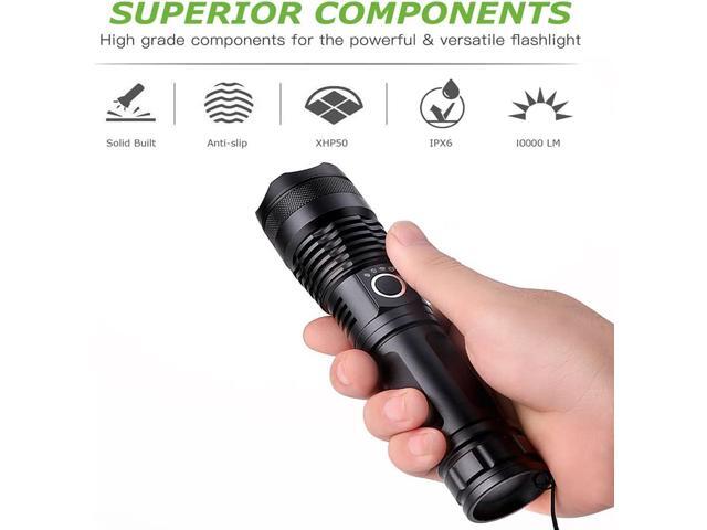 LED Flashlights, 10000 Lumen Super Bright Tactical Flashlight, Rechargeable Flash Light, 5 Modes Zoomable Waterproof Flash Lights for Emergency,...
