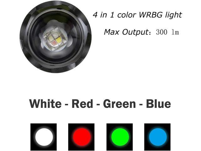 4 in 1 Multicolor flashlight, 300 Lumen Zoomable One Mode White Red Green Blue Light, Hunting Flashlight