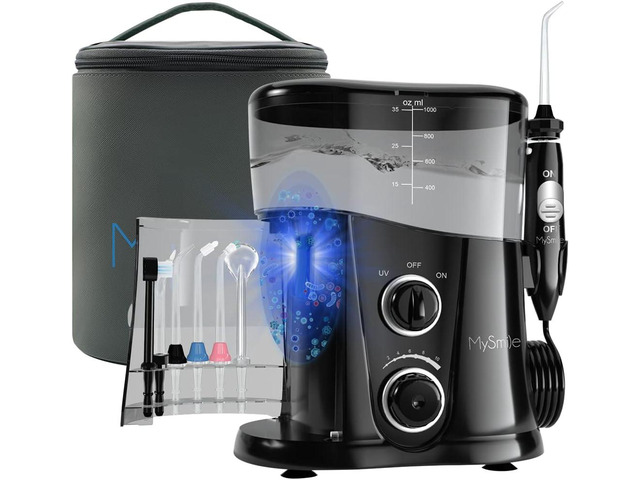 MySmile 1000ML Countertop Water Dental Flosser Teeth Cleaner 10 Settings Electric Power Oral Irrigator with UV Sanitizer Light Storage Bag and 7...