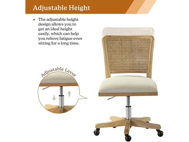 Modern Home Office Chair Comfortable Upholstered Armless Desk Chair, Adjustable Swivel Rolling Computer Chair with Rattan Mid-Back Support, Beige
