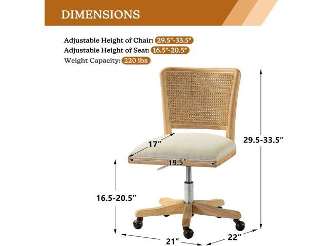 Modern Home Office Chair Comfortable Upholstered Armless Desk Chair, Adjustable Swivel Rolling Computer Chair with Rattan Mid-Back Support, Beige