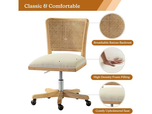 Modern Home Office Chair Comfortable Upholstered Armless Desk Chair, Adjustable Swivel Rolling Computer Chair with Rattan Mid-Back Support, Beige