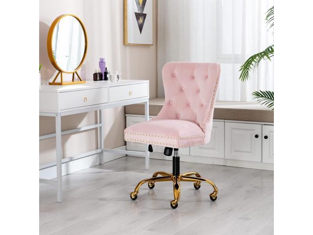 Velvet Home Office, Upholstered Adjustable Swivel desk chair with Gold Base, Tufted Study with Comfy High Back for Teens Study Makeup Pink