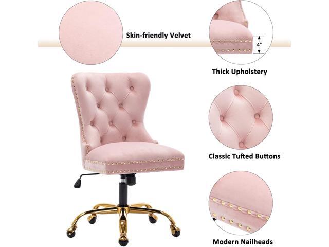 Velvet Home Office, Upholstered Adjustable Swivel desk chair with Gold Base, Tufted Study with Comfy High Back for Teens Study Makeup Pink
