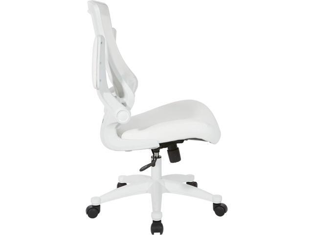 Office Star Ventilated White Screen Back Manager's Office Chair with Padded Color Flip Arms with White Nylon Base, White Faux Leather