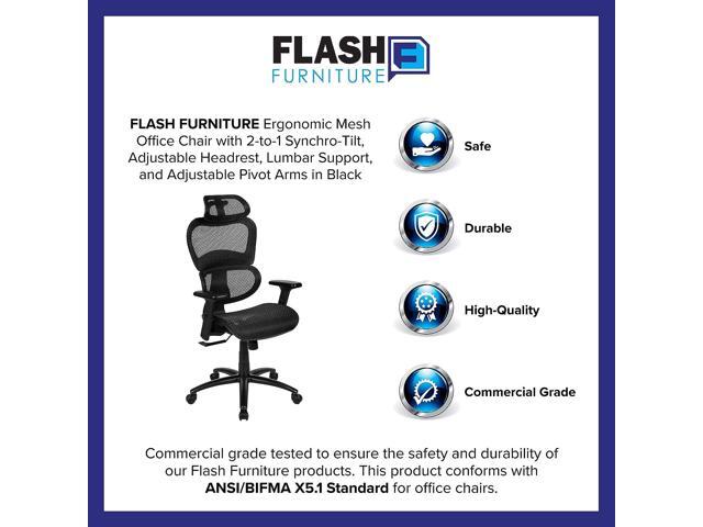 Flash Furniture LO Ergonomic Mesh Office Chair with 2-to-1 Synchro-Tilt, Adjustable Headrest, Lumbar Support, and Adjustable Pivot Arms in Black