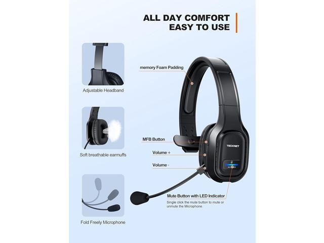 TECKNET Trucker Bluetooth Headphones with Microphone Noise Canceling Wireless On Ear Headset, Hands Free Wireless Headset for Cell Phone Computer...