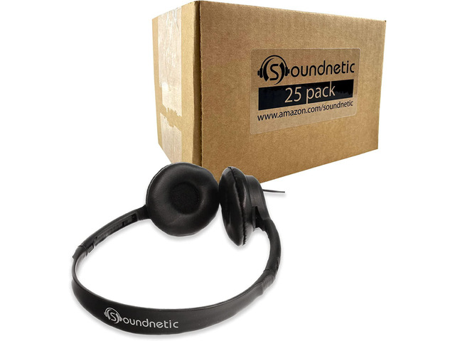 Soundnetic SN313 Classroom Over The Head Stereo Headphones with Leatherette Earpads, Black, Count of 25, Pack of 1