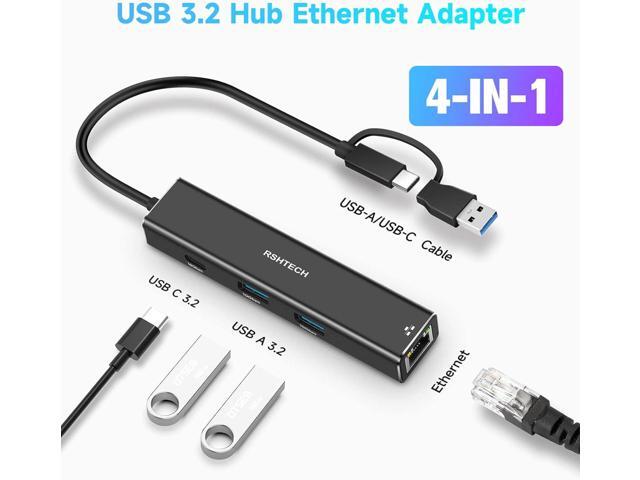 USB to Ethernet Adapter, RSHTECH USB 3.2 Gen 2 Hub with RJ45 Gigabit Ethernet, 10Gbps USB-C and 2 USB-A Data Ports, Aluminum USB Type C to LAN...