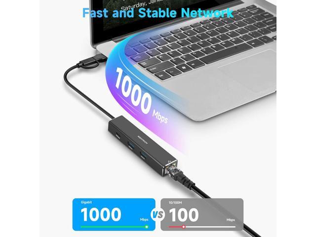 USB to Ethernet Adapter, RSHTECH USB 3.2 Gen 2 Hub with RJ45 Gigabit Ethernet, 10Gbps USB-C and 2 USB-A Data Ports, Aluminum USB Type C to LAN...