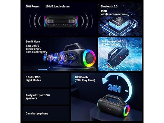 MIFA WildBox Bluetooth Speakers, 60W Ultra Bass Portable Waterproof Speaker with Aux Input, Micro SD Card Slot, Carrying Handle, Black