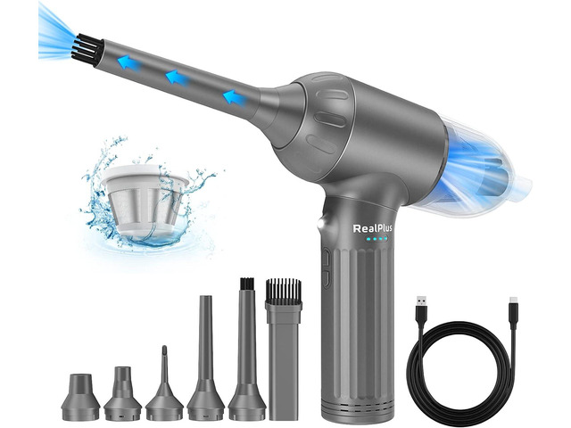 RealPlus 4 in 1 Compressed Air Duster & Vacuum Cleaner & Pump, 12000Pa 7500mAh 3 Speeds Rechargeable Brushless Electric Duster, Cordless Air Blower...