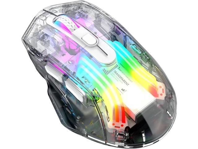 HXMJ-Wireless Gaming Mice with Transparent Crystal Shell,Tri-Modes (USB Wired+2.4G Wireless+Bluetooth),Silent Click,Rechargeable,RGB Backlit-White