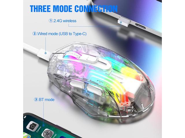 HXMJ-Wireless Gaming Mice with Transparent Crystal Shell,Tri-Modes (USB Wired+2.4G Wireless+Bluetooth),Silent Click,Rechargeable,RGB Backlit-White