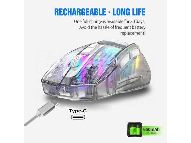 HXMJ-Wireless Gaming Mice with Transparent Crystal Shell,Tri-Modes (USB Wired+2.4G Wireless+Bluetooth),Silent Click,Rechargeable,RGB Backlit-White