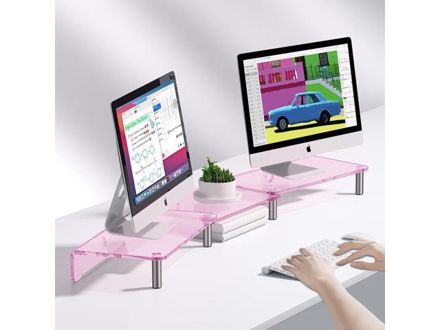 dual monitor stand riser, 3-layer pink acrylic monitor stand with anti slip pad, adjustable length and angle, suitable for 2 monitors, desktop,...