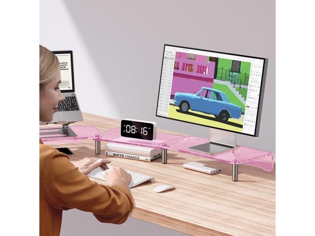 dual monitor stand riser, 3-layer pink acrylic monitor stand with anti slip pad, adjustable length and angle, suitable for 2 monitors, desktop,...