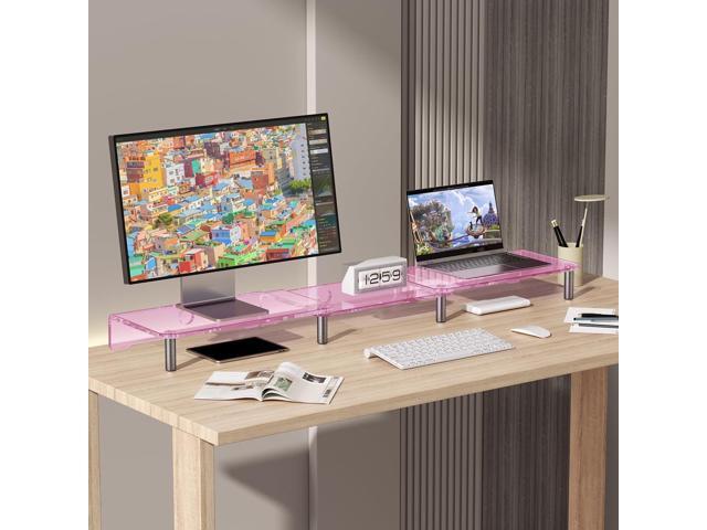 dual monitor stand riser, 3-layer pink acrylic monitor stand with anti slip pad, adjustable length and angle, suitable for 2 monitors, desktop,...