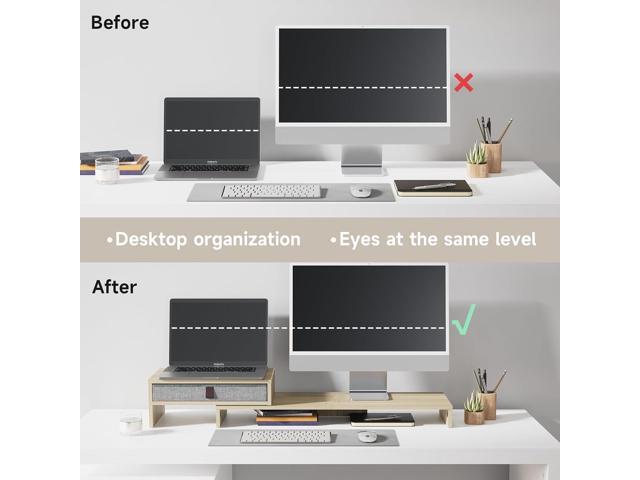 Fenge Computer Monitor Riser Stand with Drawer for 2 or 3 Monitors,Adjustable Length and Angle Desktop Laptop Stand,Office Organizer,Printer,Oak