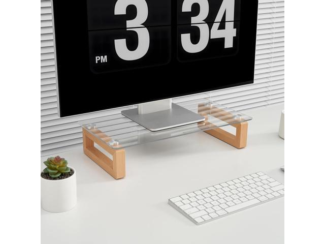 YEOUX Multi-Purpose Desktop Stand, Clear Floating Computer Monitor Riser with Natural Wood Base, Desk Organization Shelf for Printer, Laptop, Audio...