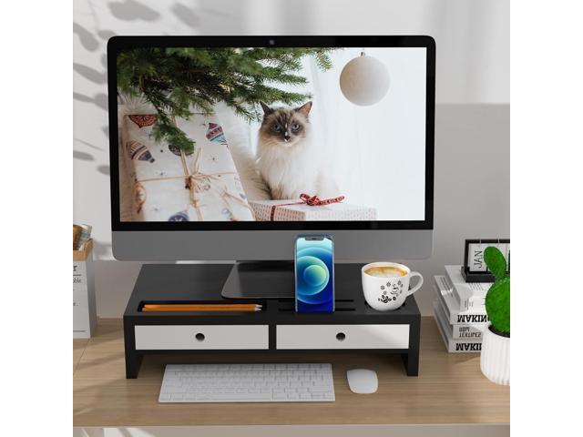 Monitor Stand Riser with Drawer - Black & White Laptop Stand, Bamboo Desktop Shelf Organizer for Computer, TV, Printer, Office Supplies &. photo