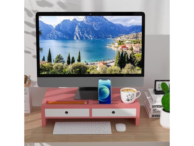 Monitor Stand Riser with Drawer - Pink & White Laptop Stand, Bamboo Desktop Shelf Organizer for Computer, TV, Printer, Office Supplies &. photo