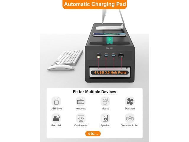2 Tiers Dual Monitor Stand with Auto Charging Pad, 4 USB 3.0 Hub Ports, Double Monitor Riser, Metal Desk Stand with Storage, Long Screen Raiser for...