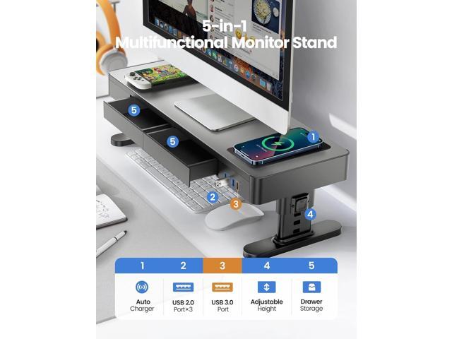 meatanty Monitor Stand Heights Adjustable, Computer Riser with Auto Phone Charger, 4 USB Ports Hub and Drawer Storage, Metal Desktop Organizer...