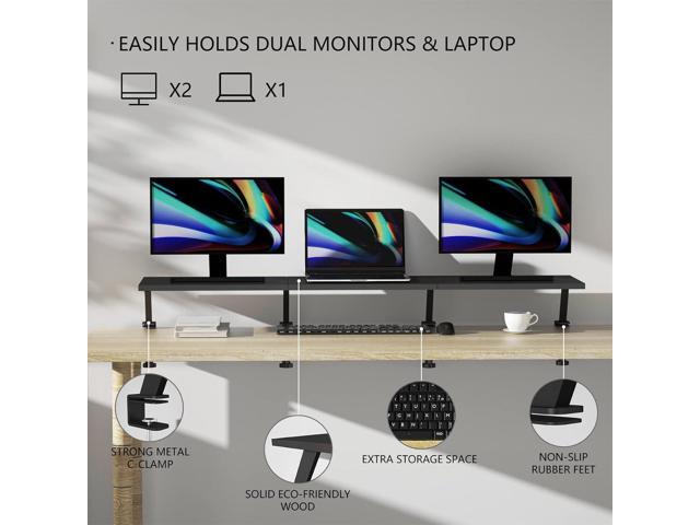 Extra-Large 45-Inch Wood Clamp On Desk Monitor Shelf with Spacious Storage Space - Fits 60-inch or Dual 32-inch Screens, C-Clamp Design with Rubber...