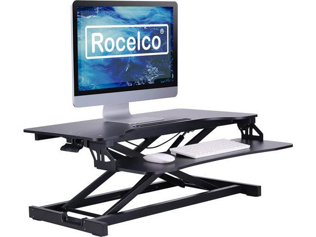 Rocelco Standing Desk Converter 31.5 Inch Sit Stand Up Dual Monitor Tabletop Riser with Tablet Mount, Height Adjustable Home Office Workstation -...