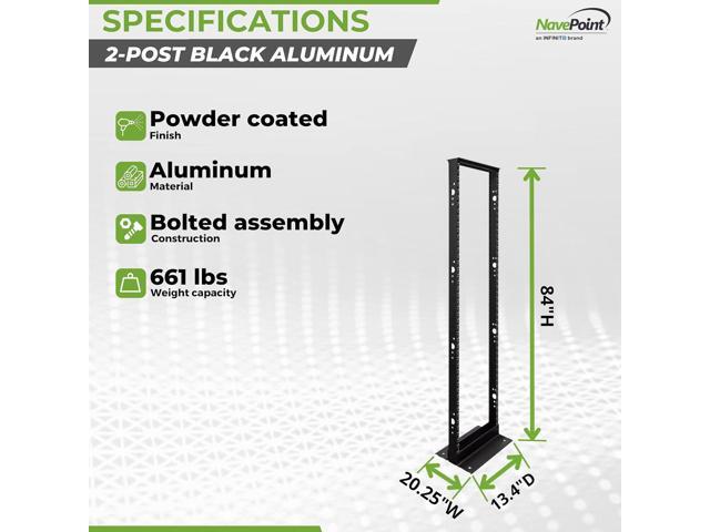 NavePoint 45U 2 Post Open Frame Server Rack for 19 Inch Equipment, AV, Networking, Data & IT Devices, 2-Post Rack 45U 881lbs Weight Capacity, Black