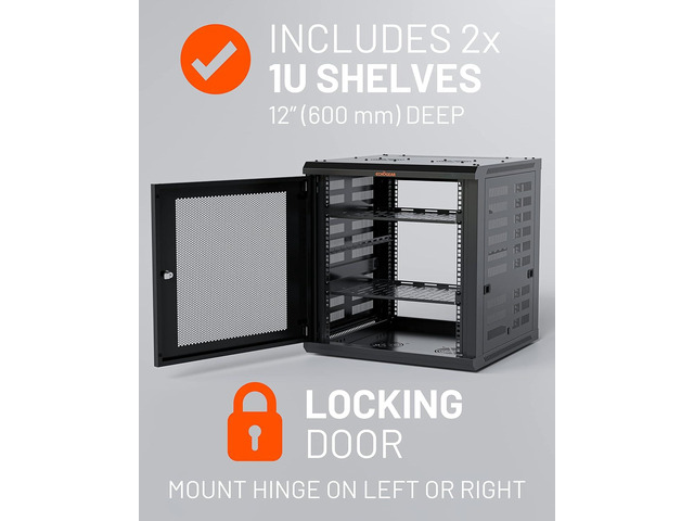 ECHOGEAR 12U Network Rack - Enclosed Wall Mount Rack Kit Includes 2X 1U Shelves, Pre-Mounted Fan, Lockable Door & Hardware - 600mm Depth Fits All...