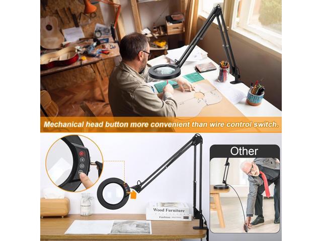 10X Large Magnifying Glass with Light and Stand, KRSTLV 2 x 16 Inch Adjustable Swivel Arm LED Desk Lamp with Clamp, 5 Color Modes Stepless...