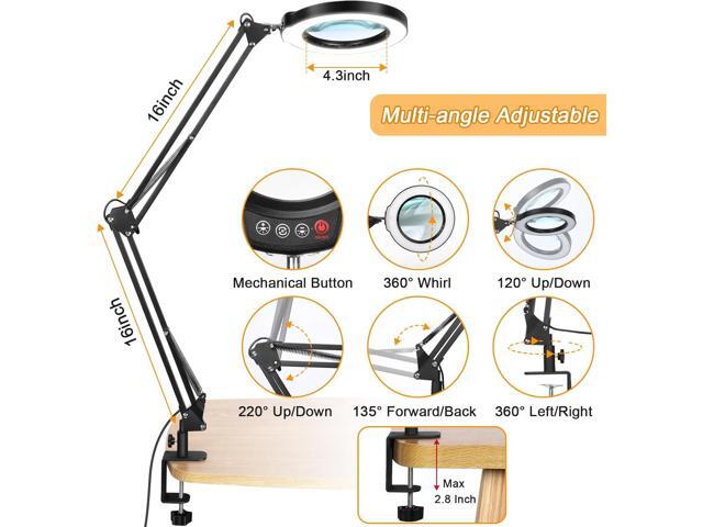 10X Large Magnifying Glass with Light and Stand, KRSTLV 2 x 16 Inch Adjustable Swivel Arm LED Desk Lamp with Clamp, 5 Color Modes Stepless...