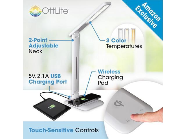 OttLite Charge Up LED Desk Lamp with Wireless Qi Charging & USB Charging Port, with ClearSun LED Technology - Adjustable Neck, 3 Color Temperature...