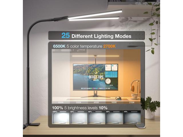 LED Desk Lamp for Home Office, Bright Double Head Desk Lamp with Clamp, Dimmable 5 Color Modes Desk Lighting, 12W Eye-Caring Architect Table Lamp...
