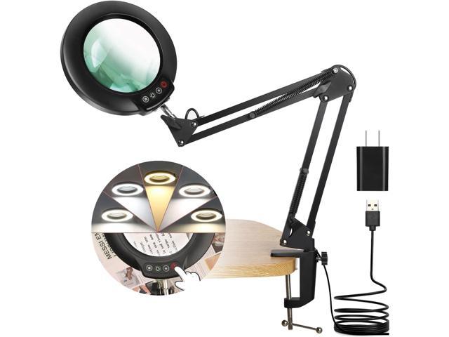 Veemagni 8X Magnifying Glass with Light, 5 Color Modes Stepless Dimmable, Adjustable Swing Arm LED Lighted Desk Lamp with Clamp, Hands Free. photo