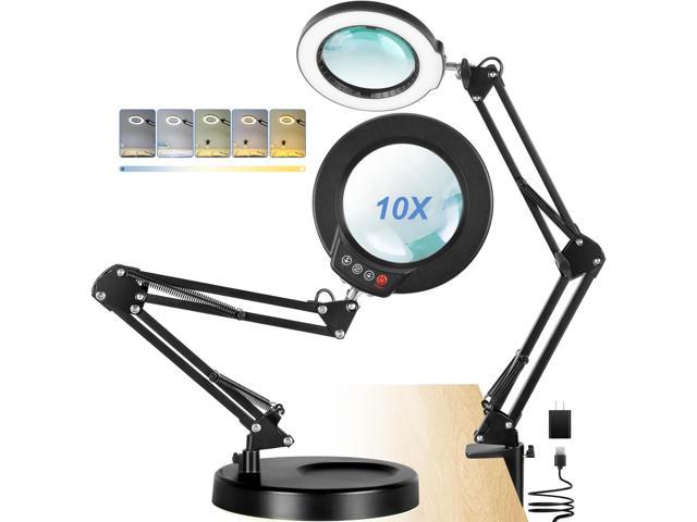 10X Magnifying Glass with Light and Stand, 5 Color Modes Stepless Dimming LED Lighted Magnifier, Adjustable Swing Arm Hands Free Magnifying Desk. photo