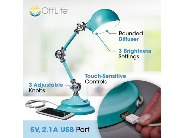 OttLite Revive LED Desk Lamp with ClearSun LED Technology, Turquoise 3 Brightness Settings, Touch Activated Controls, USB Charging Port & 3...