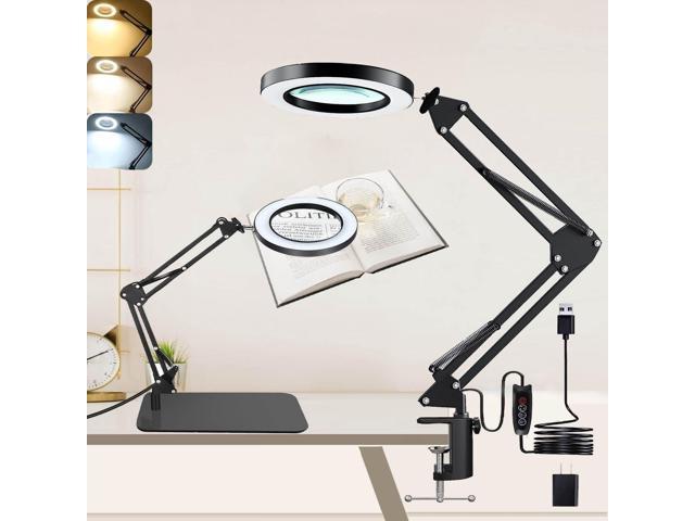 Magnifying Glass with Light and Stand, Desk Lamp with 10X Magnifying, 3 Color Modes, Dimmable Swivel Arm Magnifier Light for Crafts Workbench photo