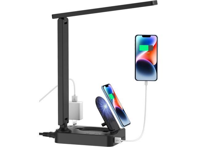 Drevet LED Desk Lamp with Wireless Charger, Desk Table Light with USB Charging Port and 2 Outlets, 3 Lighting Modes, 3 Level Brightness, 1H Timer,...