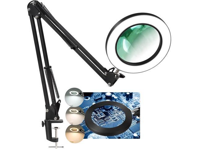 Magnifying Glass with Light and Stand, 5 Inches 5X Real Glass Lens, 3 Color Modes Stepless Dimmable LED Desk Lamp, Adjustable Arm Lighted Magnifier. photo