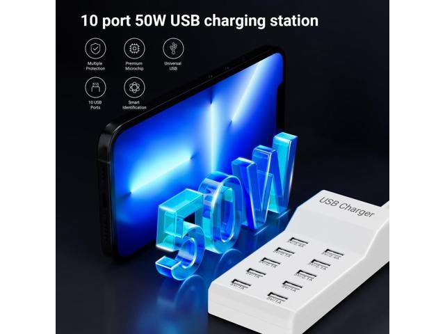 10-Port USB Charger Block - 50W10A Multi USB Charging Station for iPhone/iPad/Samsung Galaxy Note Tablet Android Smartphone(White)